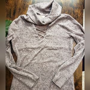 Pale pink gray fuzzy cowl neck peekaboo turtleneck tunic